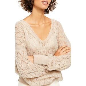 NWT Free People Say Hello Open Stitch Oversized Sweater Womens XS Taupe